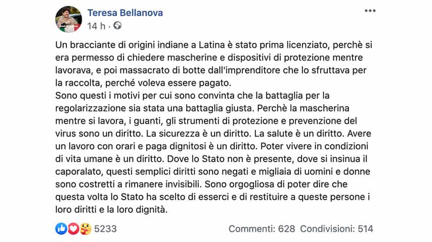 Post di Teresa Bellanova su Facebook