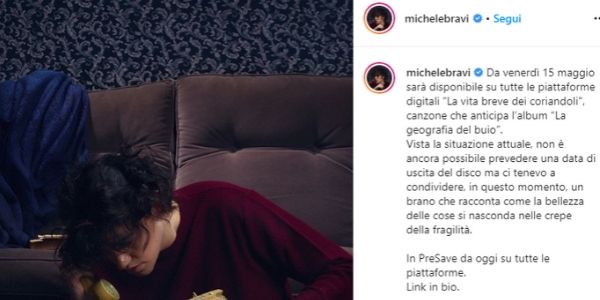 Il post di Michele Bravi dedicato al suo nuovo brano
