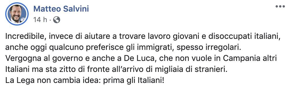 Post di Matteo Salvini sui braccianti in Campania