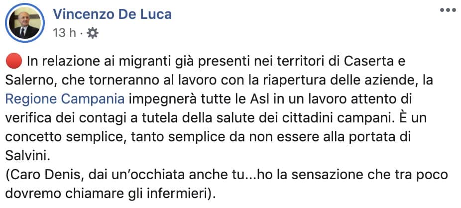 Post Facebook di Vincenzo De Luca