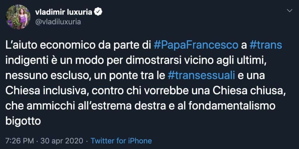 tweet di Vladimir Luxuria sul papa