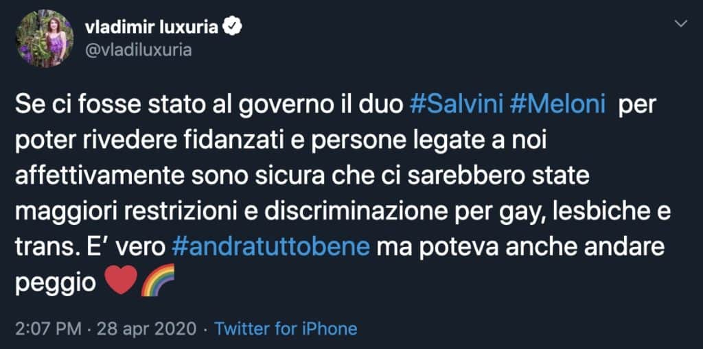 Tweet di Vladimir Luxuria su Salvini e Meloni