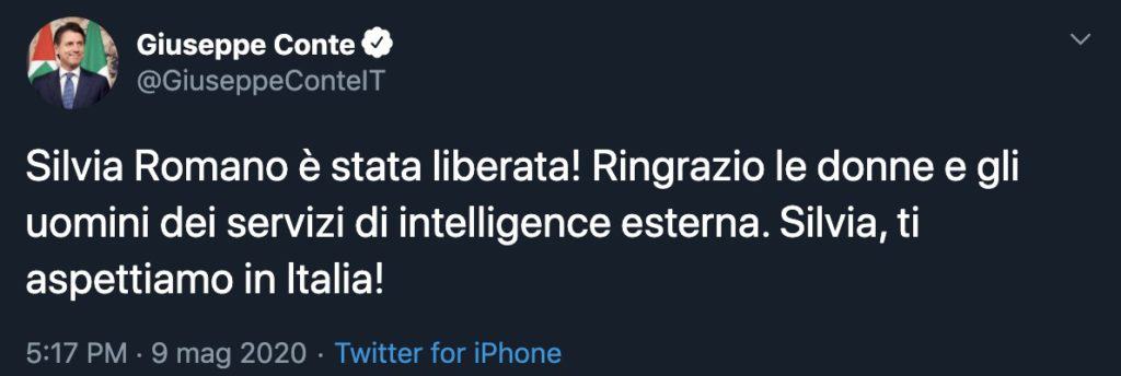 Tweet di Giuseppe Conte su Silvia Romano
