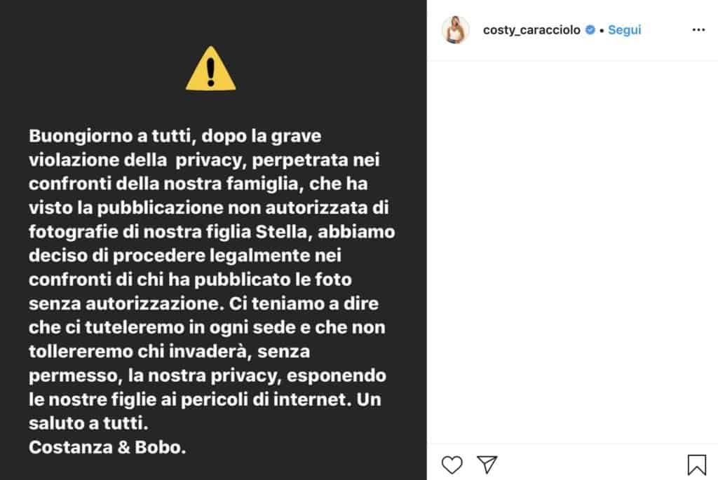 Il post su Instagram di Costanza Caracciolo