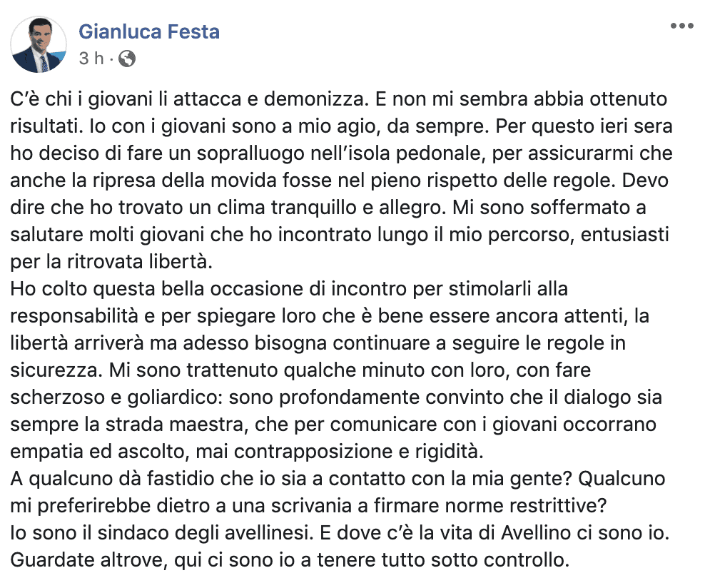 Il post del sindaco Gianluca Festa