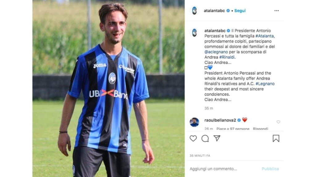 il post instagram pubblicato dall'Atalanta per comunicare la morte di Andrea Rinaldi