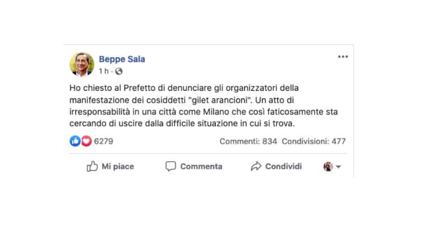 il post su facebook di Beppe Sala