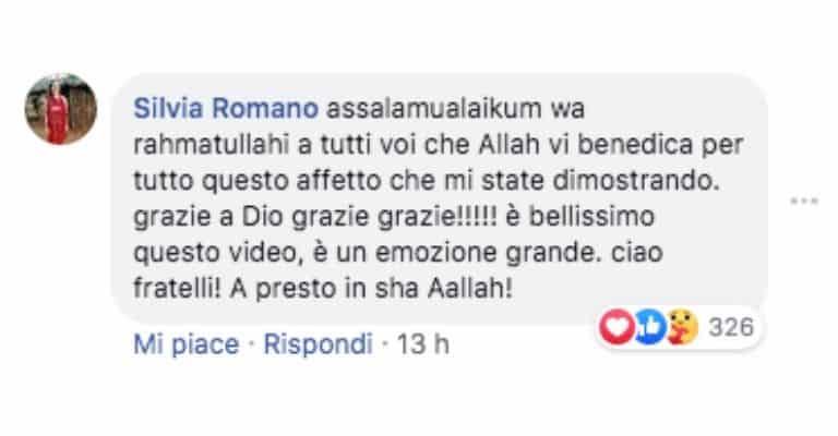 Il commento di Silvia Romano su Facebook