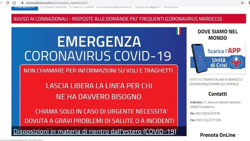 Il messaggio sulla homepage del sito del Consolato Generale a Casablanca per gli italiani bloccati in Marocco dal Coronavirus