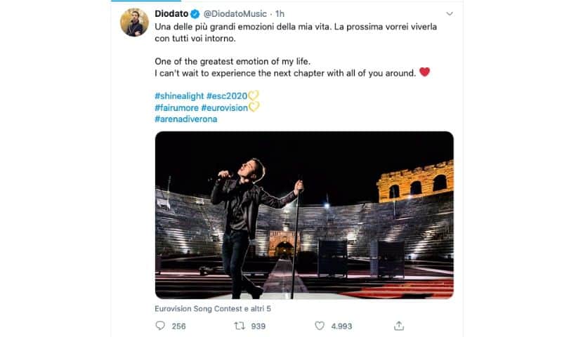 Il tweet di Diodato sulla sua esibizione all'Arena di Verona