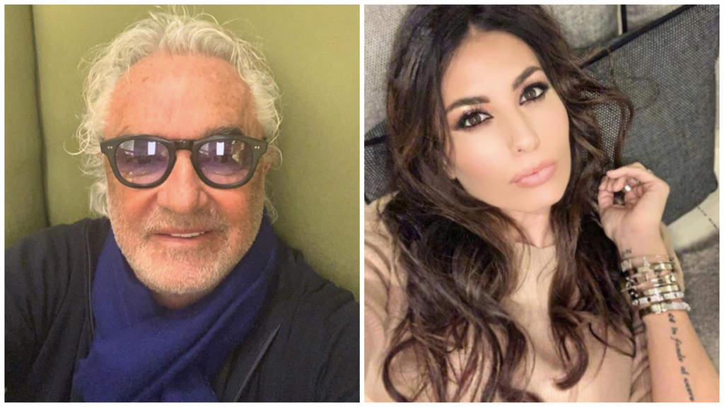 Collage di foto di Flavio Briatore con occhiali da sole e Elisabetta Gregoraci sul divano