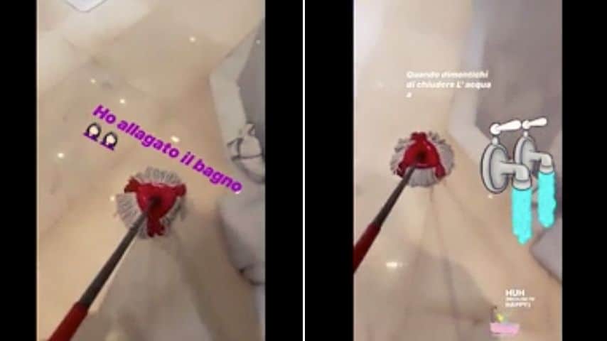 due fotogrammi dai video postati da elisabetta gregoraci con il bagno allagato