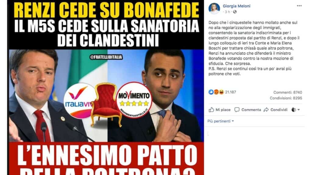 Giorgia Meloni post facebook contro Renzi