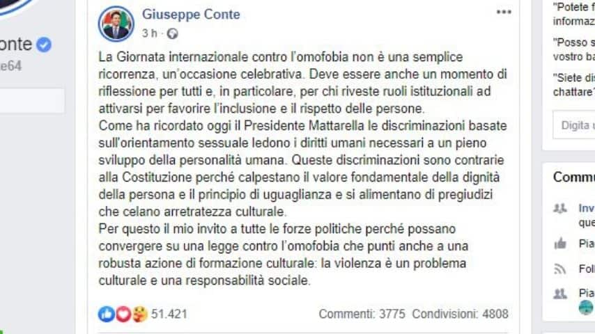 Il messaggio del premier Giuseppe Conte per la Giornata Mondiale contro l'Omofobia e le discriminazioni sessuali