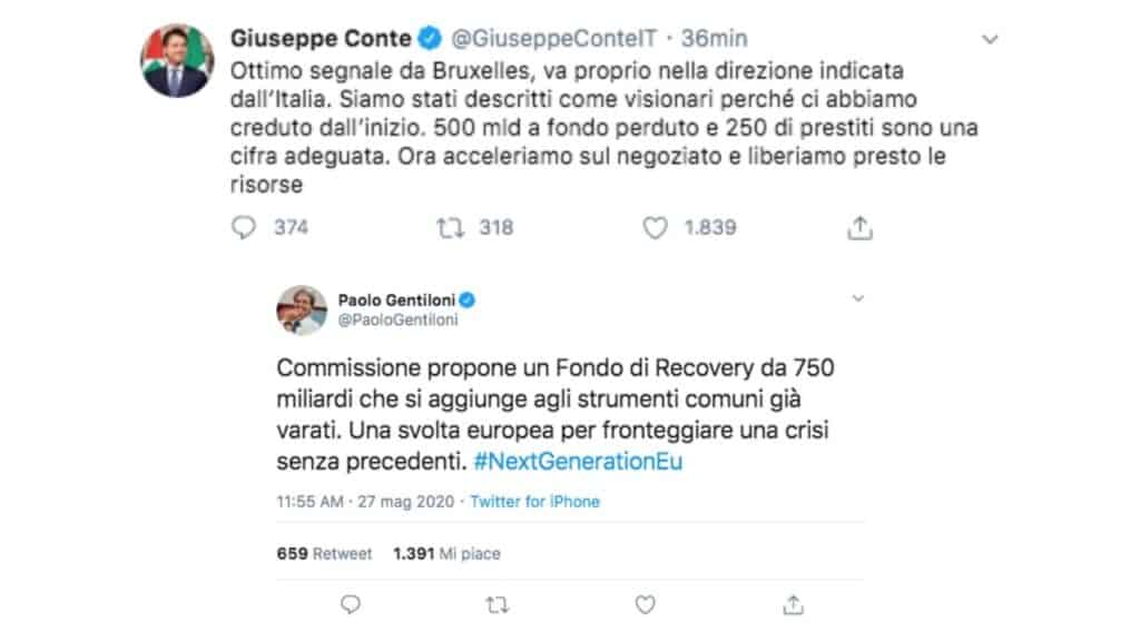 tweet di giuseppe conte e paolo gentiloni sul recovery fund