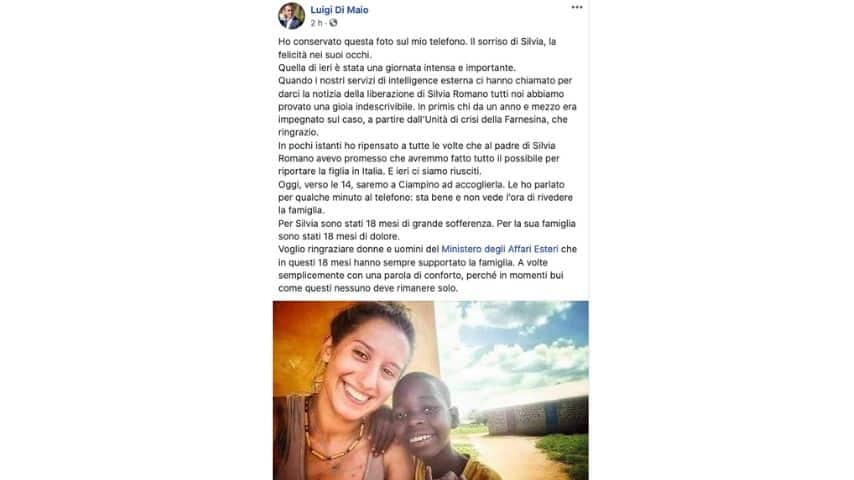 Il post di Luigi Di Maio su Facebook per Silvia Romano