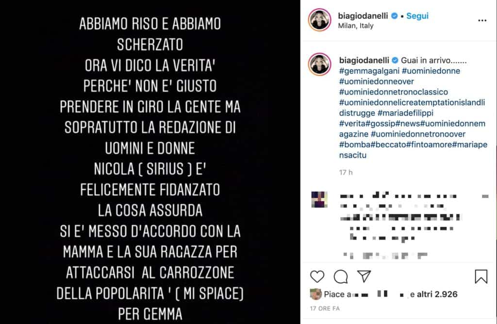 Il post su Instagram di Biagio D'Anelli