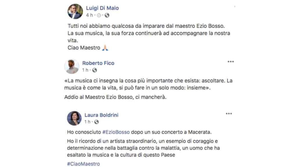 post facebook di Luigi Di Maio, Roberto Fico e Laura Boldrini in ricordo di Ezio Bosso