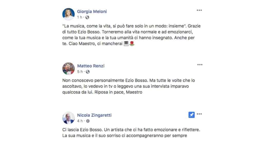 il post facebook di giorgia meloni, matteo renzi e nicola zingaretti per la scomparsa di ezio bosso