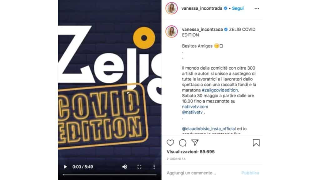 post Instagram di vanessa incontrada su Zelig Covid Edition