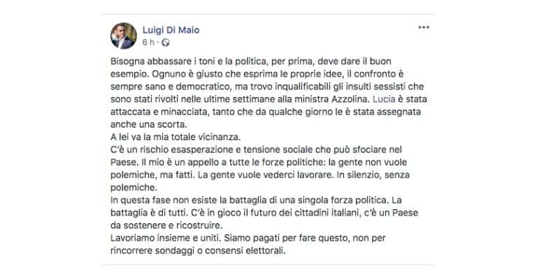 Post di Luigi di Maio sulla Ministra Azzolina