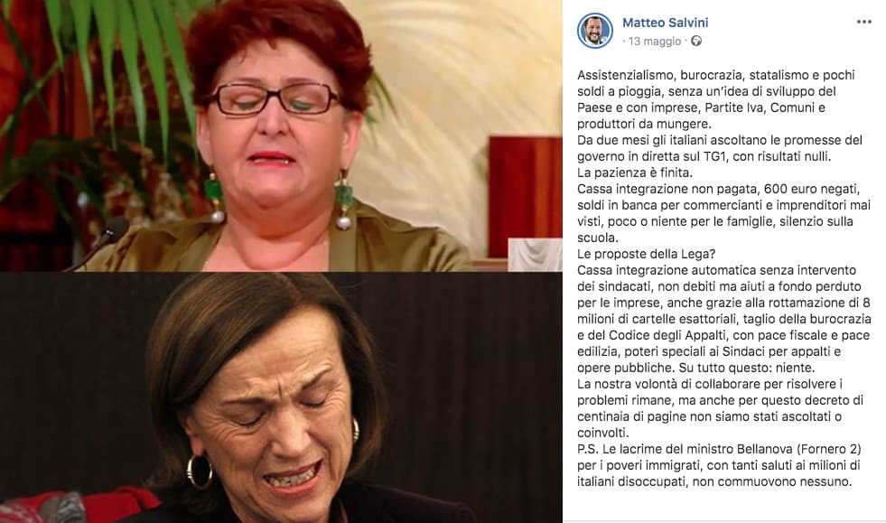 Il post di Salvini sul Ministro Teresa Bellanova