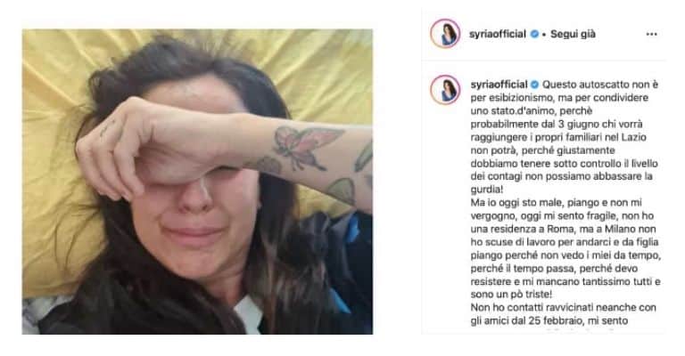 La cantante Syria in lacrime in un post su Instagram
