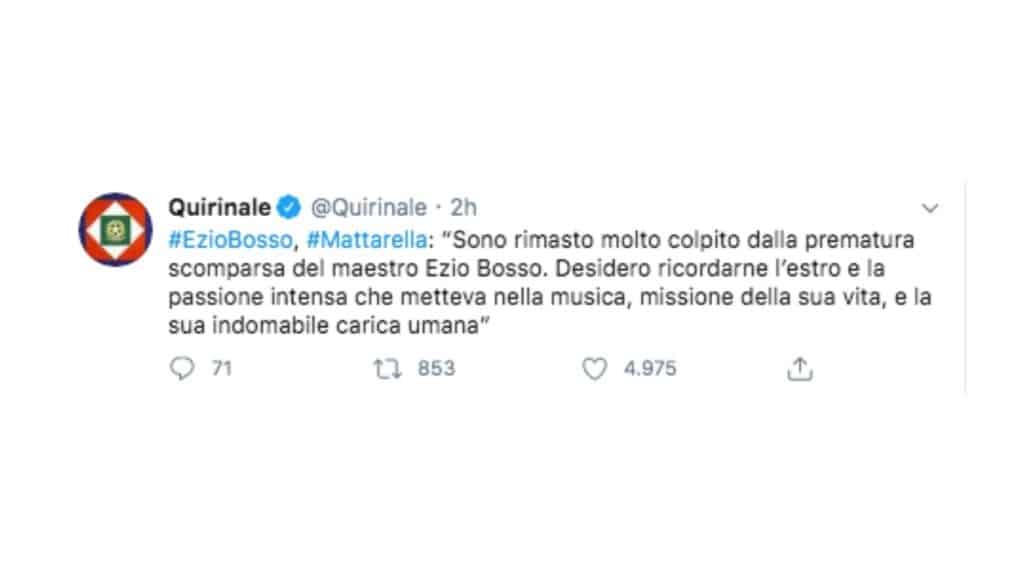 il post twitter di Sergio Mattarella per Ezio Bosso