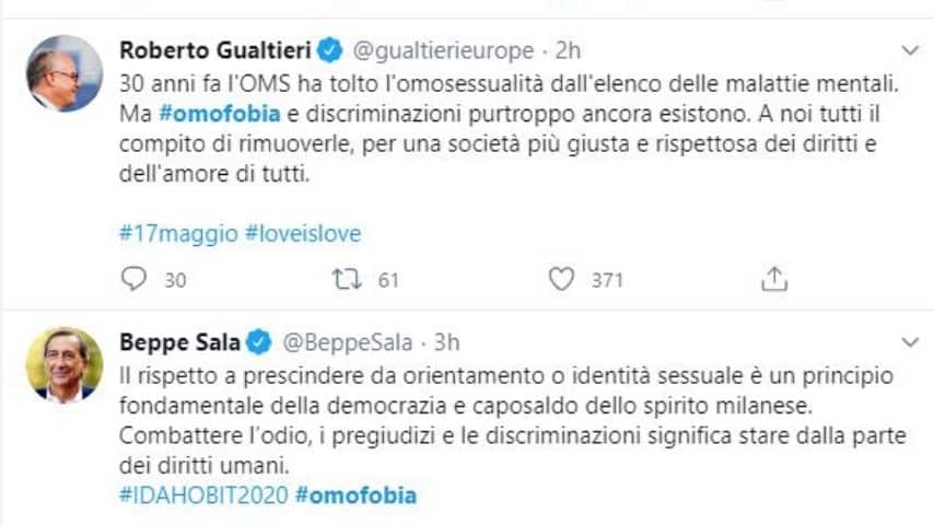 I tweet del sindaco di Milano Beppe Sala e del ministro Gualtieri sulla Giornata Mondiale contro l'Omofobia