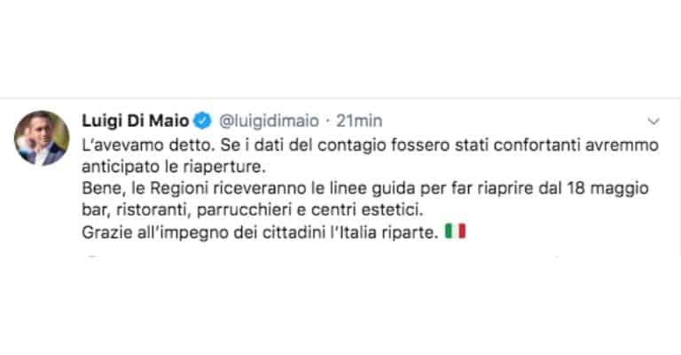 Tweet del Ministro Luigi di Maio