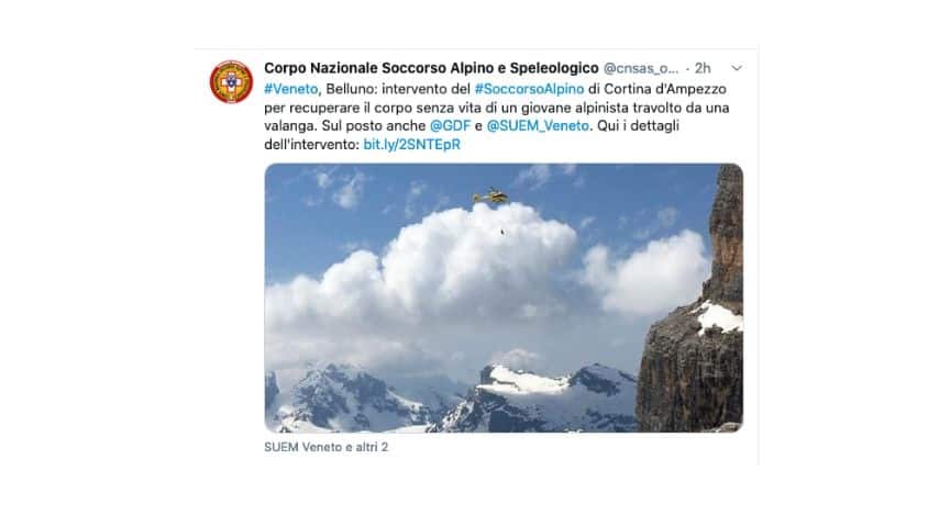 Il Tweet del Soccorso Alpino e Speleologico in merito alle operazioni di soccorso 