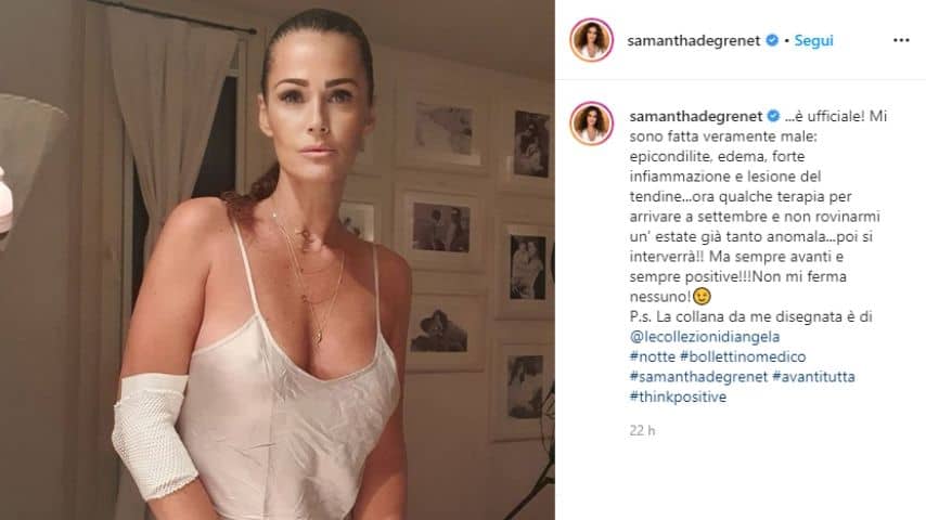 Samantha De Grenet: annuncio Instagram infortunio gomito
