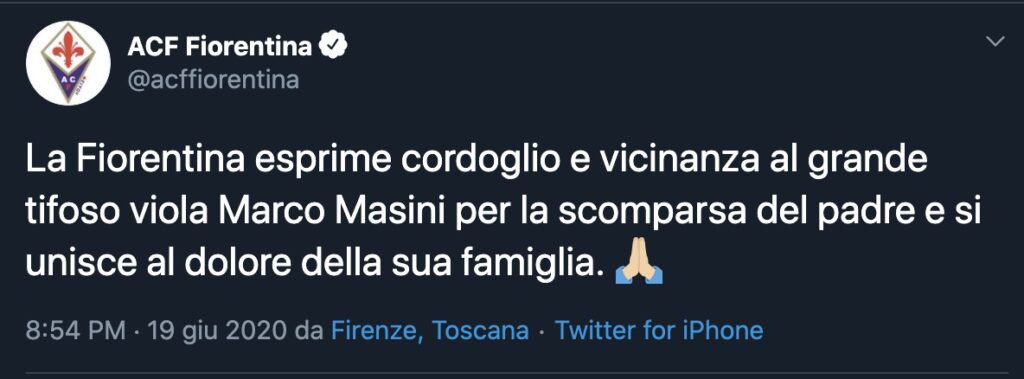 Post di condoglianze della Fiorentina su Twitter
