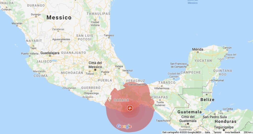 Immagine di Google Maps che mostra l'entità del terremoto