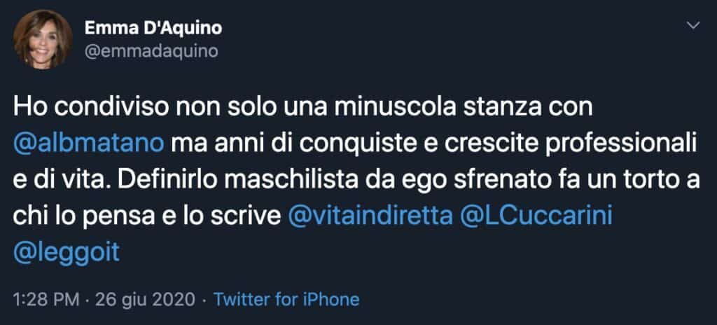 Il tweet di Emma D'Aquino a difesa di Alberto Matano