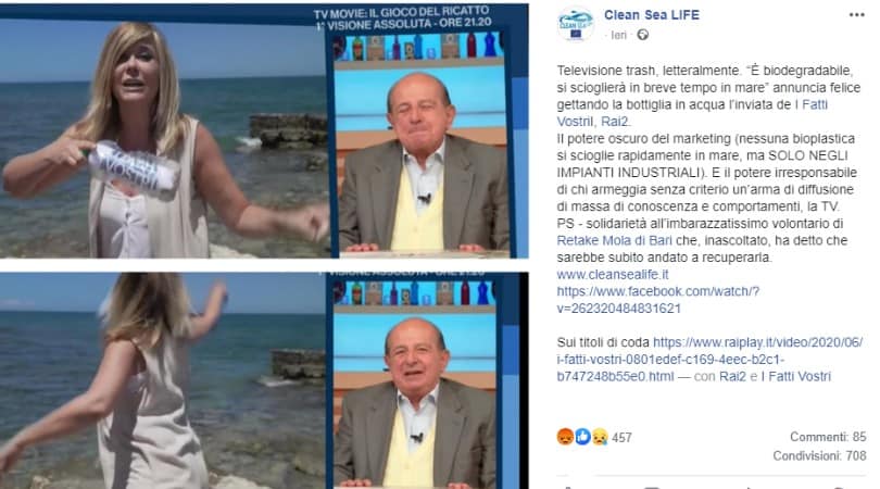 Post scritto su Facebook dal progetto 'Clean Sea Life' sulla vicenda avvenuta durante la trasmissione 'I Fatti Vostri'. Nel post è stato spiegato che "nessuna bioplastica si scioglie rapidamente in mare, ma solo negli impianti industriali". 