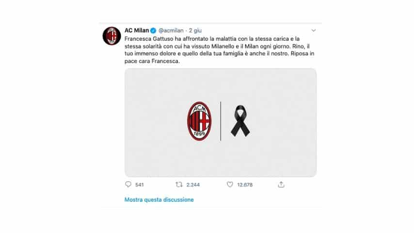 Il post del Milan a ricordo di Francesca Gattuso