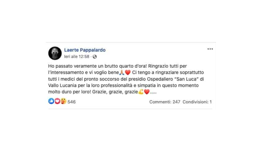 Il post di Laerte Pappalardo su Facebook