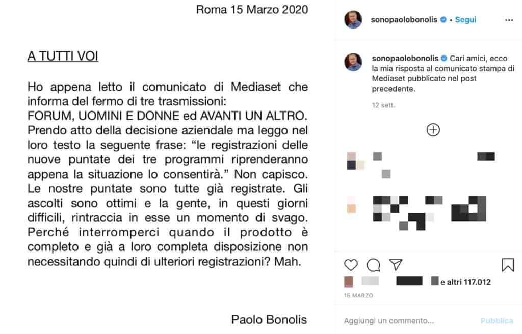 Il post di Paolo Bonolis sullo stop ad Avanti un Altro