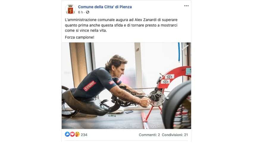 il post del comune di Pienza per Alex Zanardi su Facebook