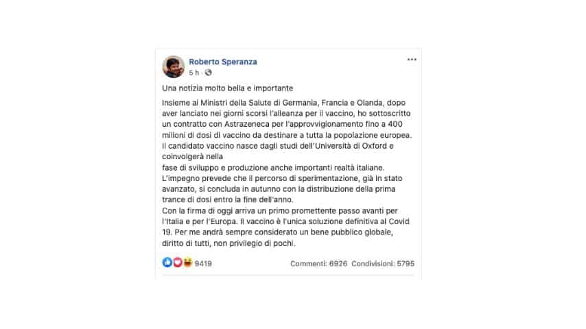 Il post del ministro speranza su Facebook