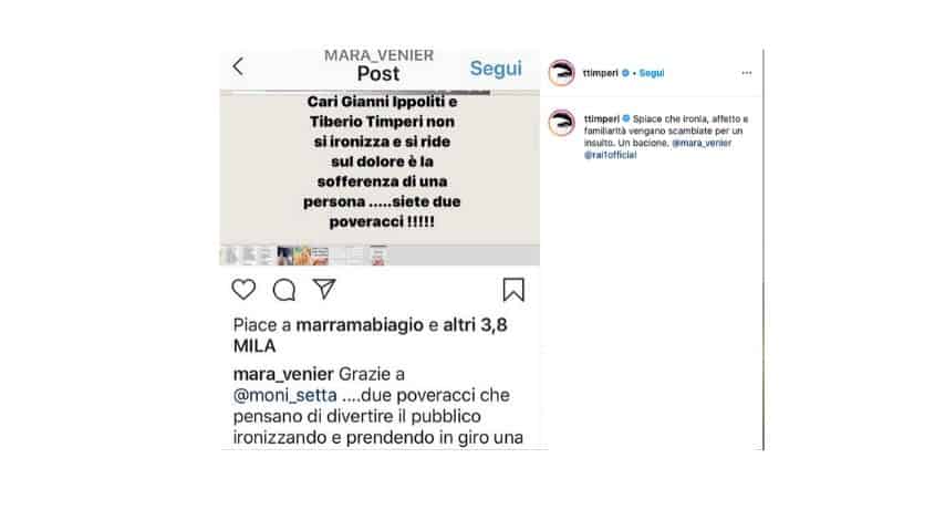 Il post di Tiberio Timperi su Instagram in risposta a Mara Venier