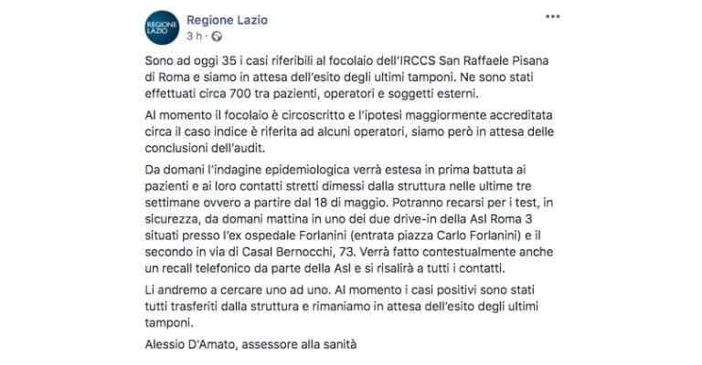 Post della Regione Lazio sul focolaio a Roma