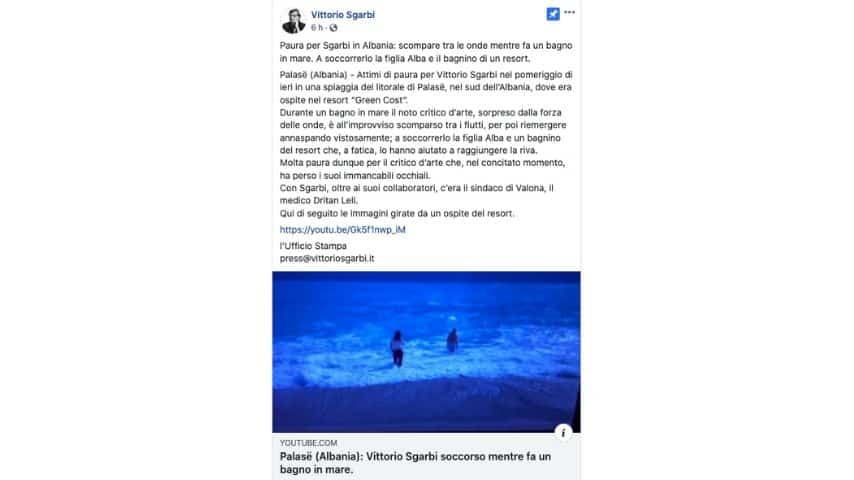 Il post del team di Sgarbi su Facebook