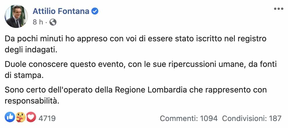 Il post di Attilio Fontana