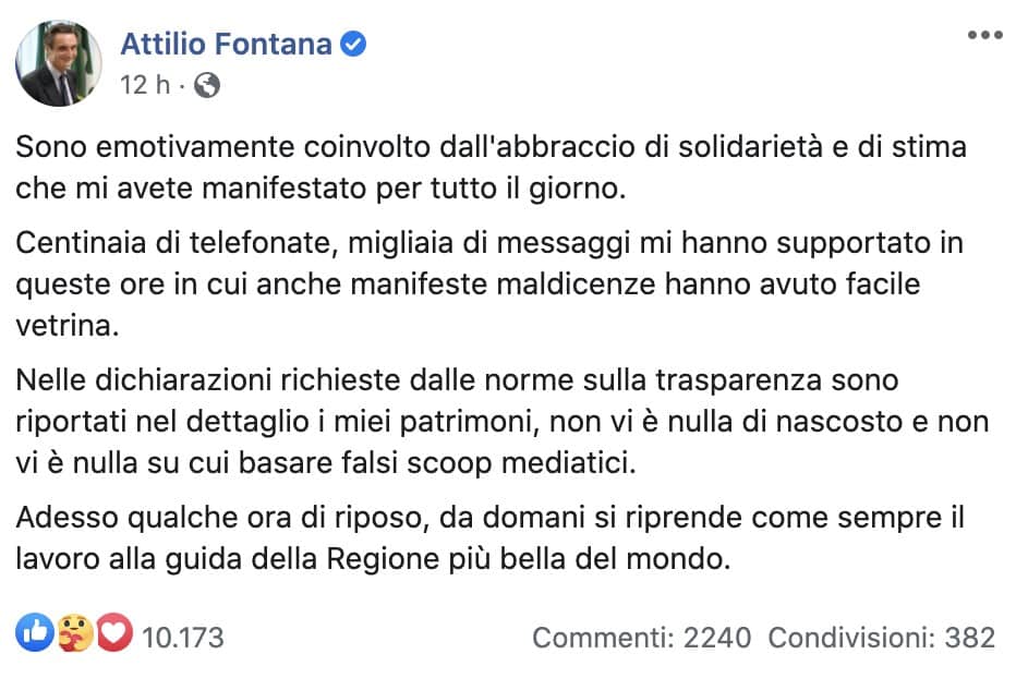 Il post Facebook di Attilio Fontana