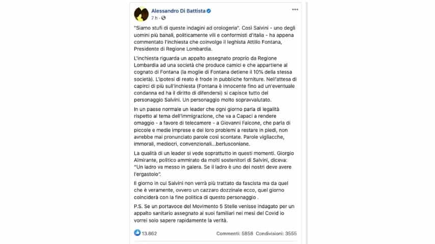 Il post di Alessandro Di Battista contro Salvini