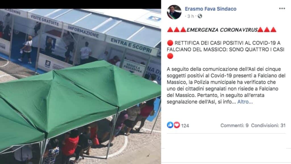 post facebook del sindaco di Falciano del Massico, Erasmo Fava