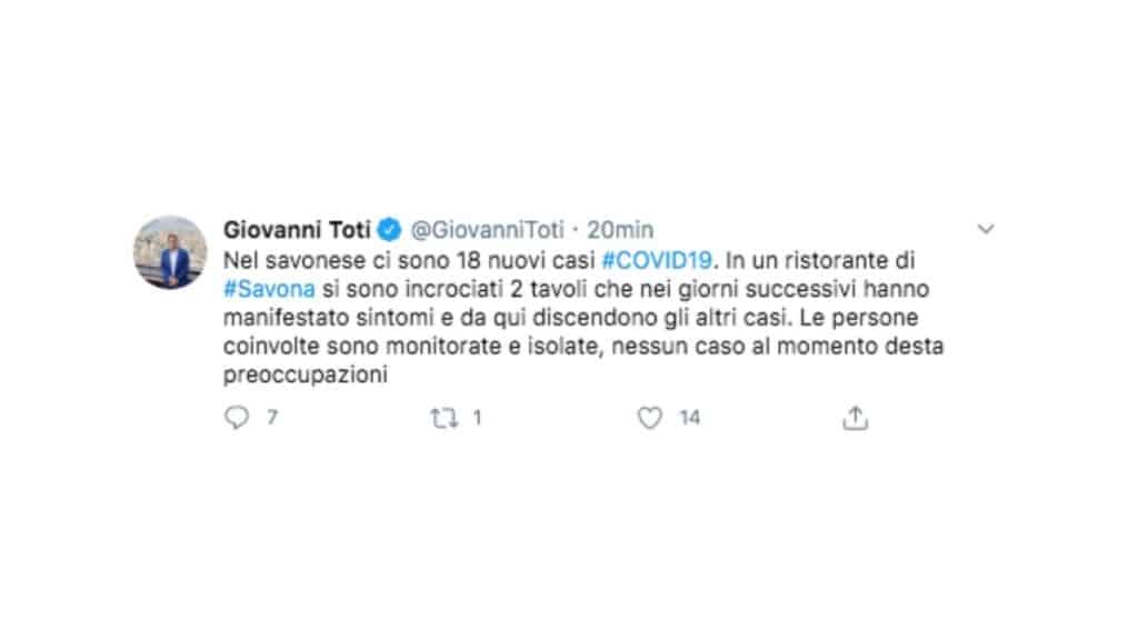 Tweet di Giovanni Toti sui casi di Covid a Savona