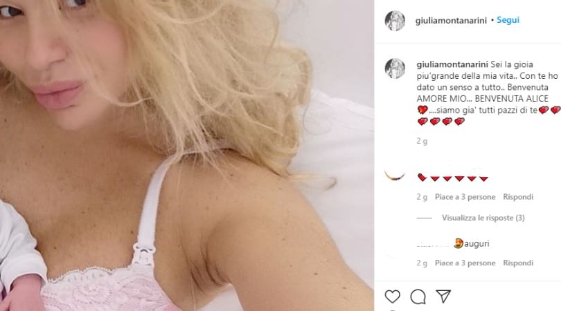 Post Instagram di Giulia Montanarini in cui annuncia la nascita della sua prima figlia, Alice. 